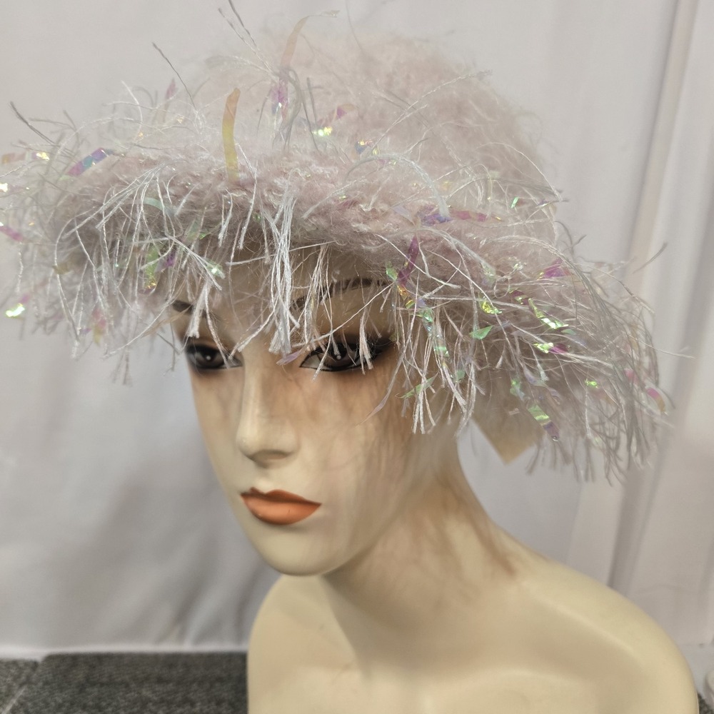 Mallory Designs Ewe's Elegant Pink Hand Knit Hat Eyelash Iridescent Ribbon NWT